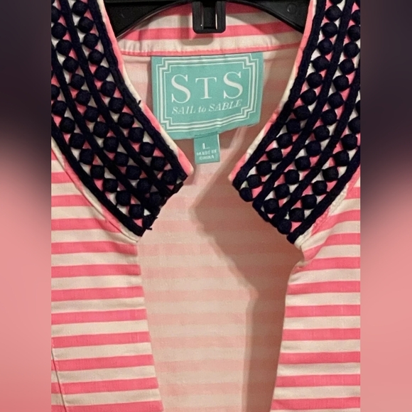 Sail To Sable Pink & white Sleeveless Classic Tunic Dress with Navy Embroidery. - Picture 2 of 9